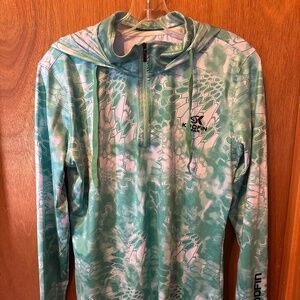 Women’s Green Pattern Long sleeve Koofin Sunshirt Size M
